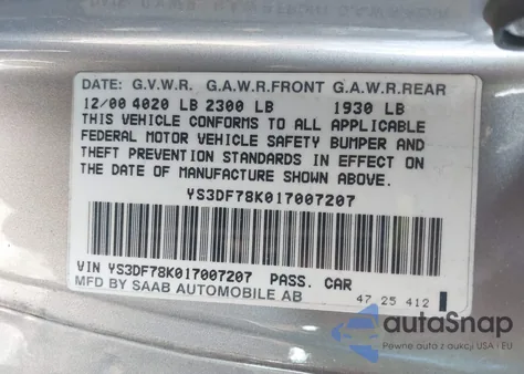 2001 Saab 9-3 Se from USA, damaged, VIN YS3DF78K017007207